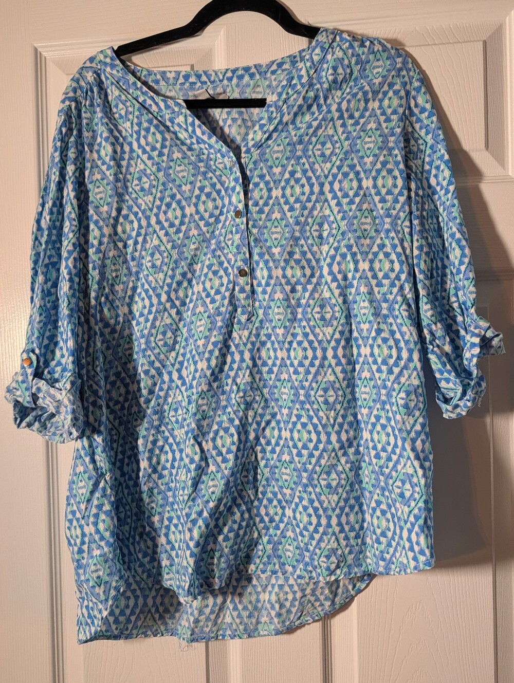 Croft & Barrow Blue Green Geometric Print Tunic Blouse XL 3/4 Sleeve